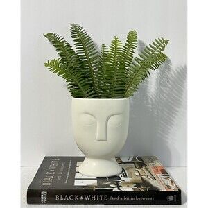Ceramic Face Head Pedestal Planter Vase Etched 3D White Utensil Crock Organizer